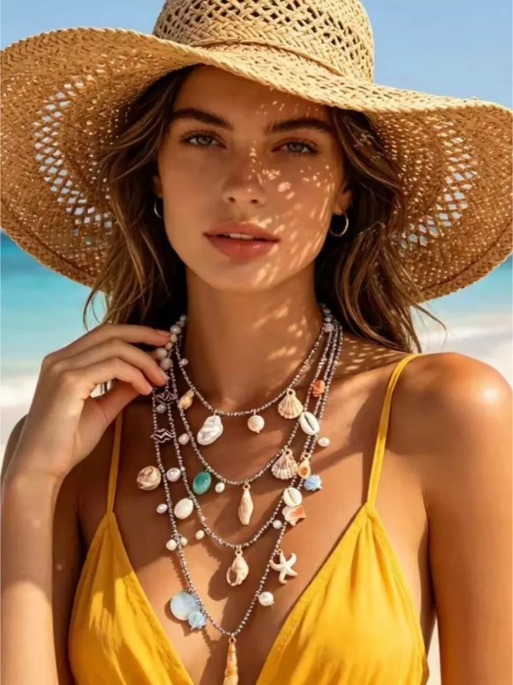 Multi-Strand Shell & Bead Necklace — Turquoise, White, Gold, Brown